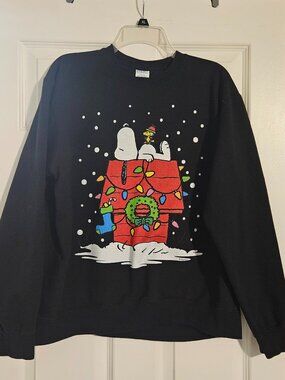 Peanuts Snoopy Woodstock Christmas Lights House Sweatshirt Men's Large Black